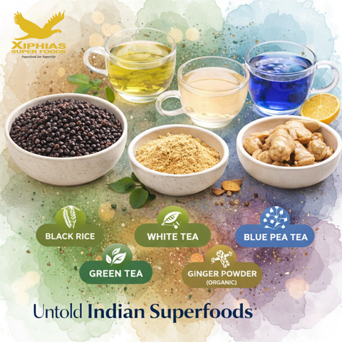 black rice, blue pea tea, white tea, ginger powder all superfoods on the table