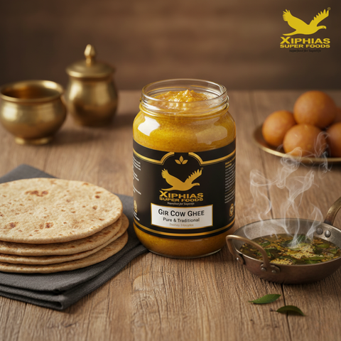 Pure Gir Cow Ghee jar on rustic wooden table with warm lighting by Xiphias Superfoods